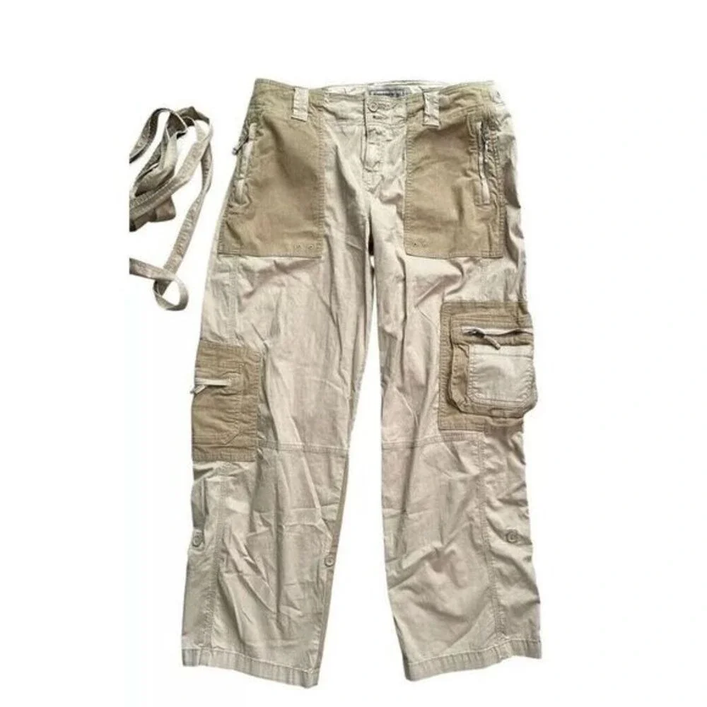 Abercrombie & Fitch Cargo Pants Womens 16R Tan Patchwork Corduroy Utility Belted - Picture 2 of 5